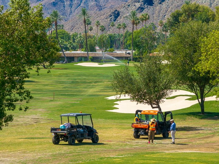 Hole 1 fairway view over the bunkers.