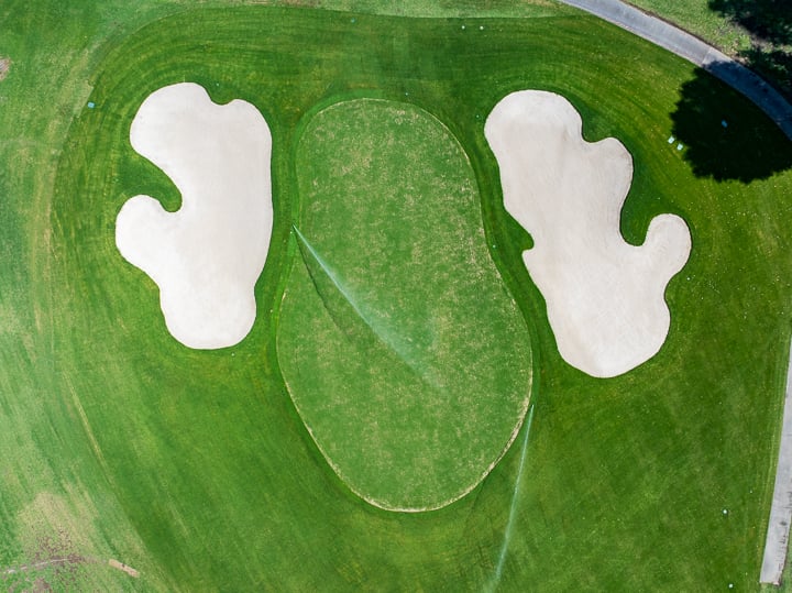 Aerial perspective of the newly updated Hole 2, highlighting green contours, fairway flow, and strategic bunkering.