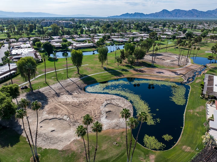Hole 8 at The Springs Country Club post-demolition, now shaped and contoured, showing refined layout in preparation for turf installation.