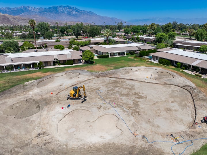 Overhead image of Hole 14’s green, showing contours and progress as part of ongoing course enhancements.